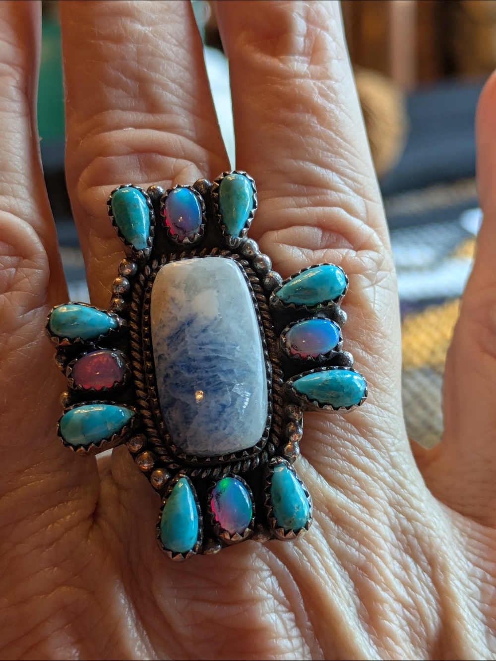 Handcrafted Silver Blue & Turquoise Cluster Ring
